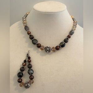 Large brown Bead, Pearl and Faceted beaded necklace and Earring Set